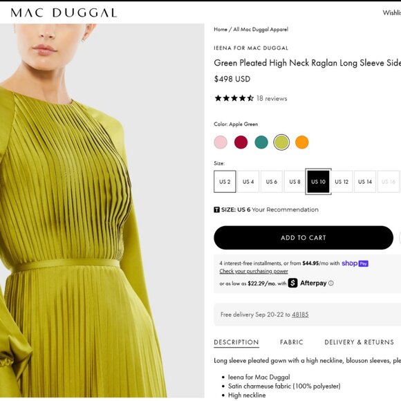 Mac Duggal Size 10 Chartreuse Green Pleated Long Blouson Sleeve Maxi Dress Gown - Picture 2 of 10